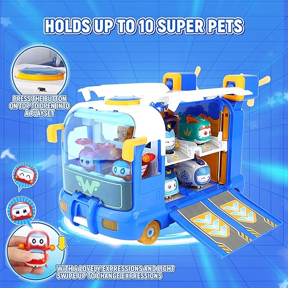 Super Wings Season 7 New Super Pets' Mini Base,Transforming Playset from Bus to Aircraft, with Super Pet Jett & Dizzy, Role Play Toys for Kids, Gifts for Girls Boys Age 3+