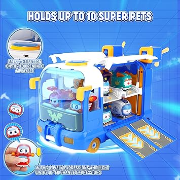 Super Wings Season 7 New Super Pets' Mini Base,Transforming Playset from Bus to Aircraft, with Super Pet Jett & Dizzy, Role Play Toys for Kids, Gifts for Girls Boys Age 3+