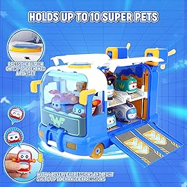 Super Wings Season 7 New Super Pets\' Mini BaseTransforming Playset from Bus to Aircraft, with Super Pet Jett & Dizzy, Role Play Toys for Kids, Gifts for Girls Boys Age 3+