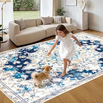 Small Machine Washable Rug for Bedroom 80x120cm, Vintage Blue Persian Design, Non-Slip Traditional Oriental Carpet, Soft Short Pile Area Rug for Bedside, Hallway, Lounge or Living Room