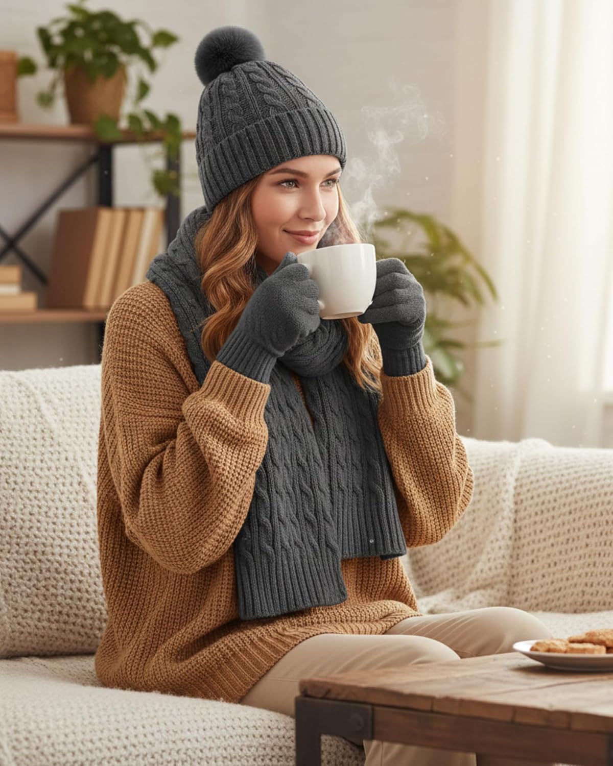 Geyoga 6 Pcs Winter Warm Set for Women Warm Beanies Hats Touchscreen Gloves Long Scarf Ear Muffs Socks Winter Gifts for Women - Image 7