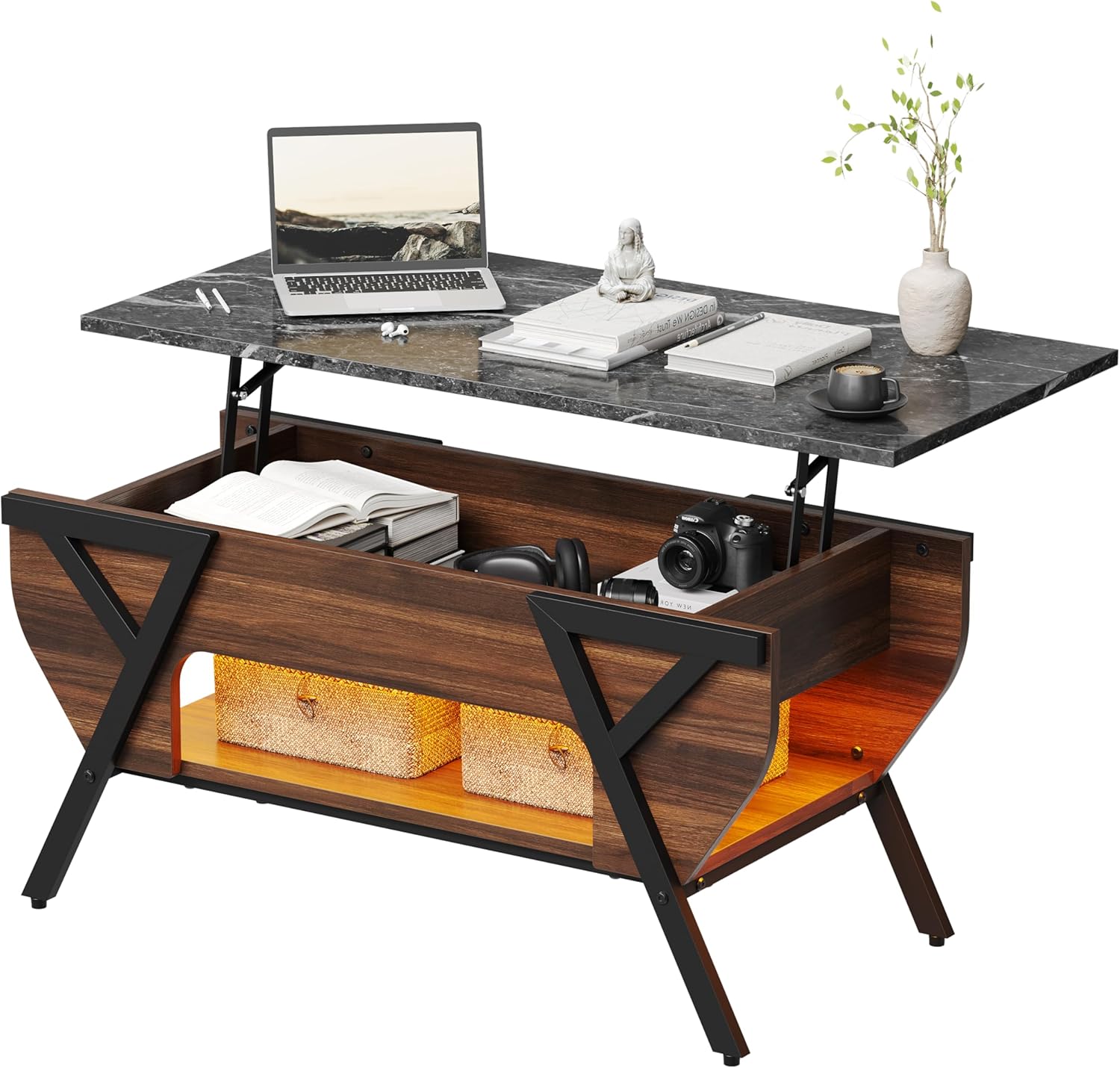 Bestier 42" Boat-Shaped Lift Top Coffee Table with Remote LED Lights & Storage Shelf for Living Room, Walnut