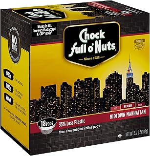 Chock Full o’Nuts Midtown Manhattan Medium Roast, K-Cup Compatible Pods (18 Count) – Gourmet Arabica Coffee in Eco-Friendly Keurig-Compatible Single Serve Cups