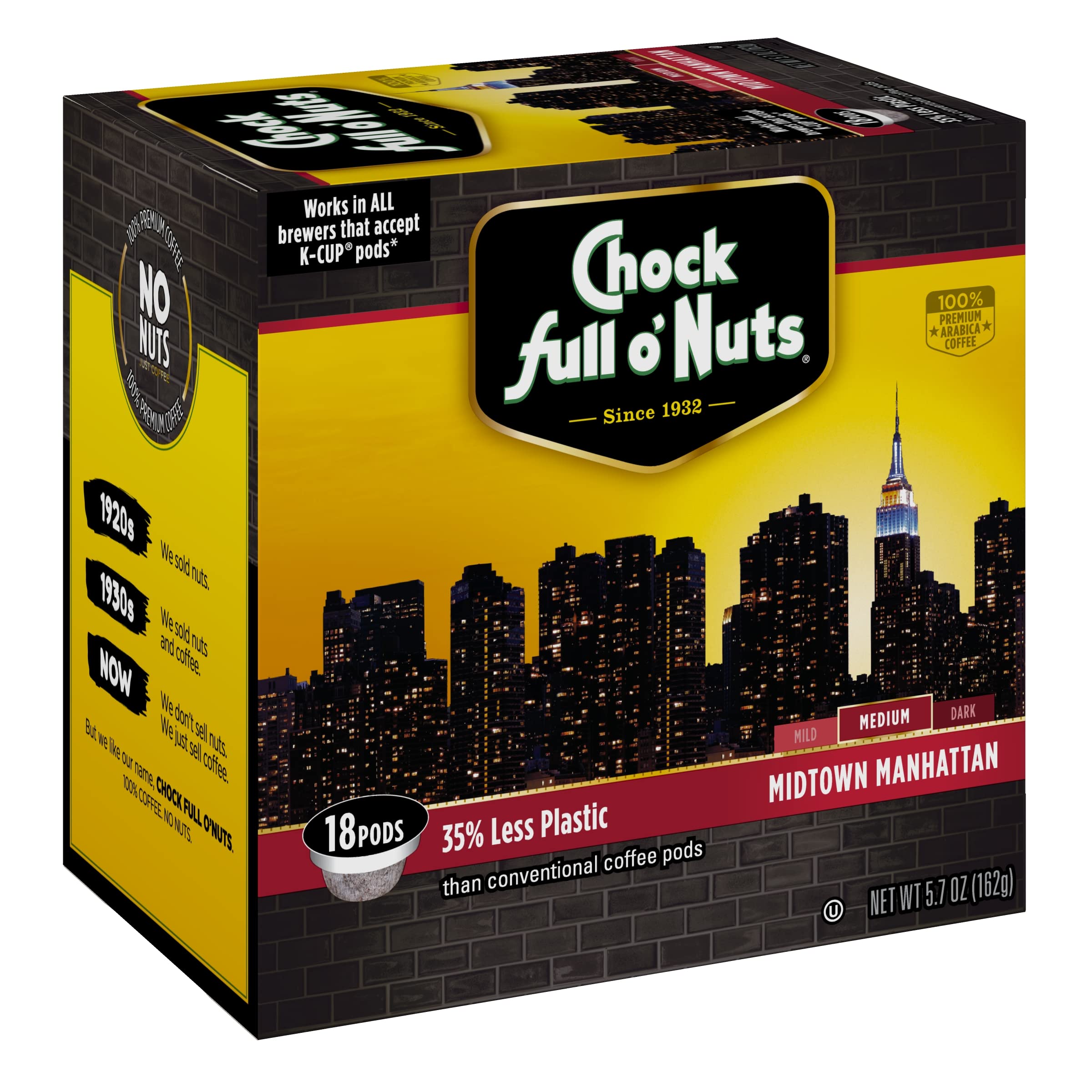 Chock Full o' Nuts Midtown Manhattan Roast, Medium Roast K-Cups – Compatible with Keurig Pods K-Cup Brewers (1 Pack of 18 Single-Serve Cups)