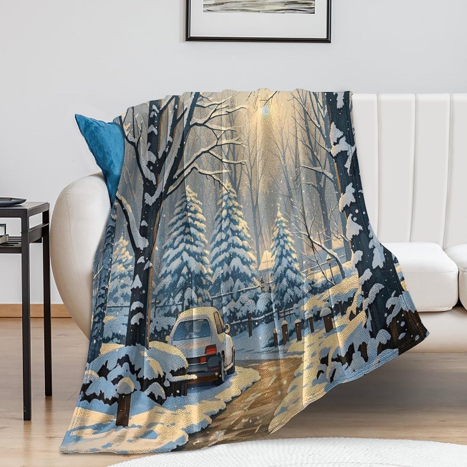 Couverture de lit en peluche douce 150x200, plaid chaud scène de neige d'hiver