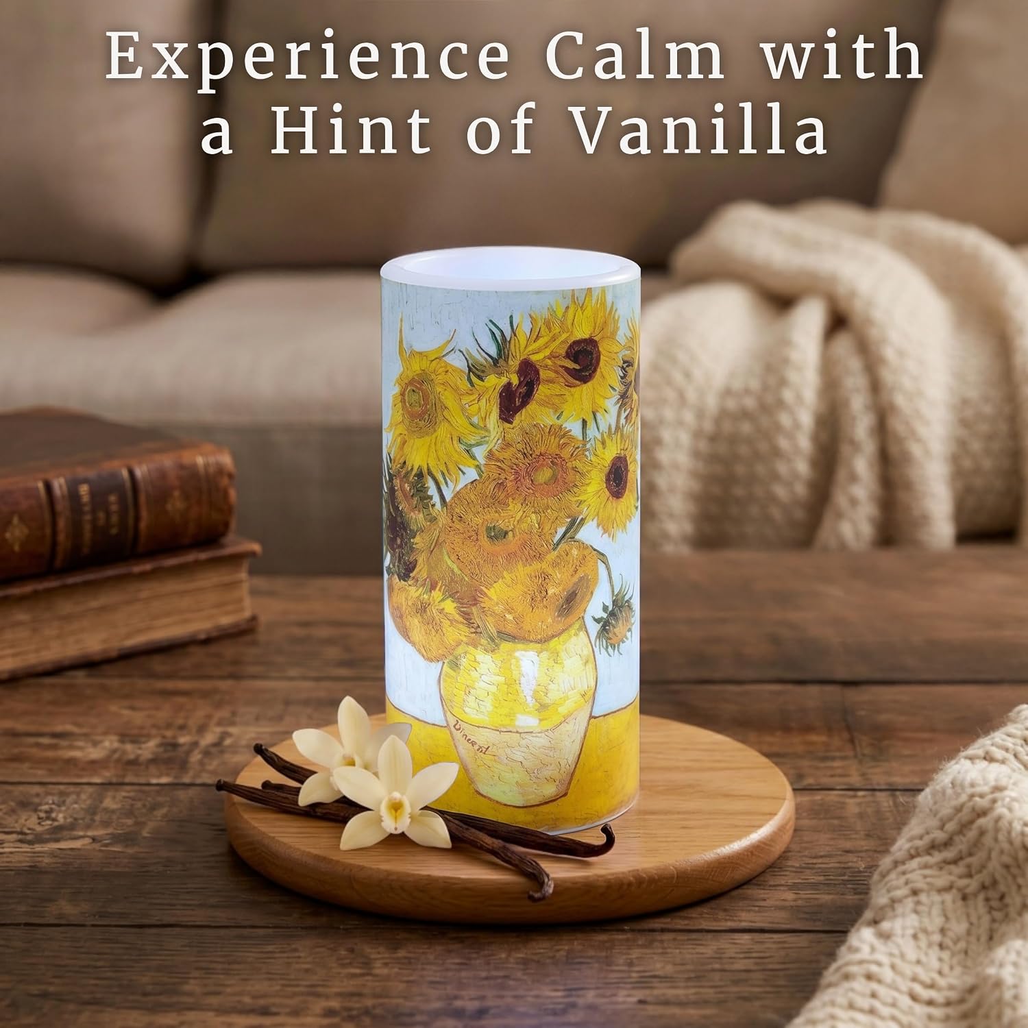 Lavish Home LED Candle with Remote - Van Gogh Sunflowers Battery Operated Candle with Realistic Flickering Light - Flameless Candles for Home Décor, 6"