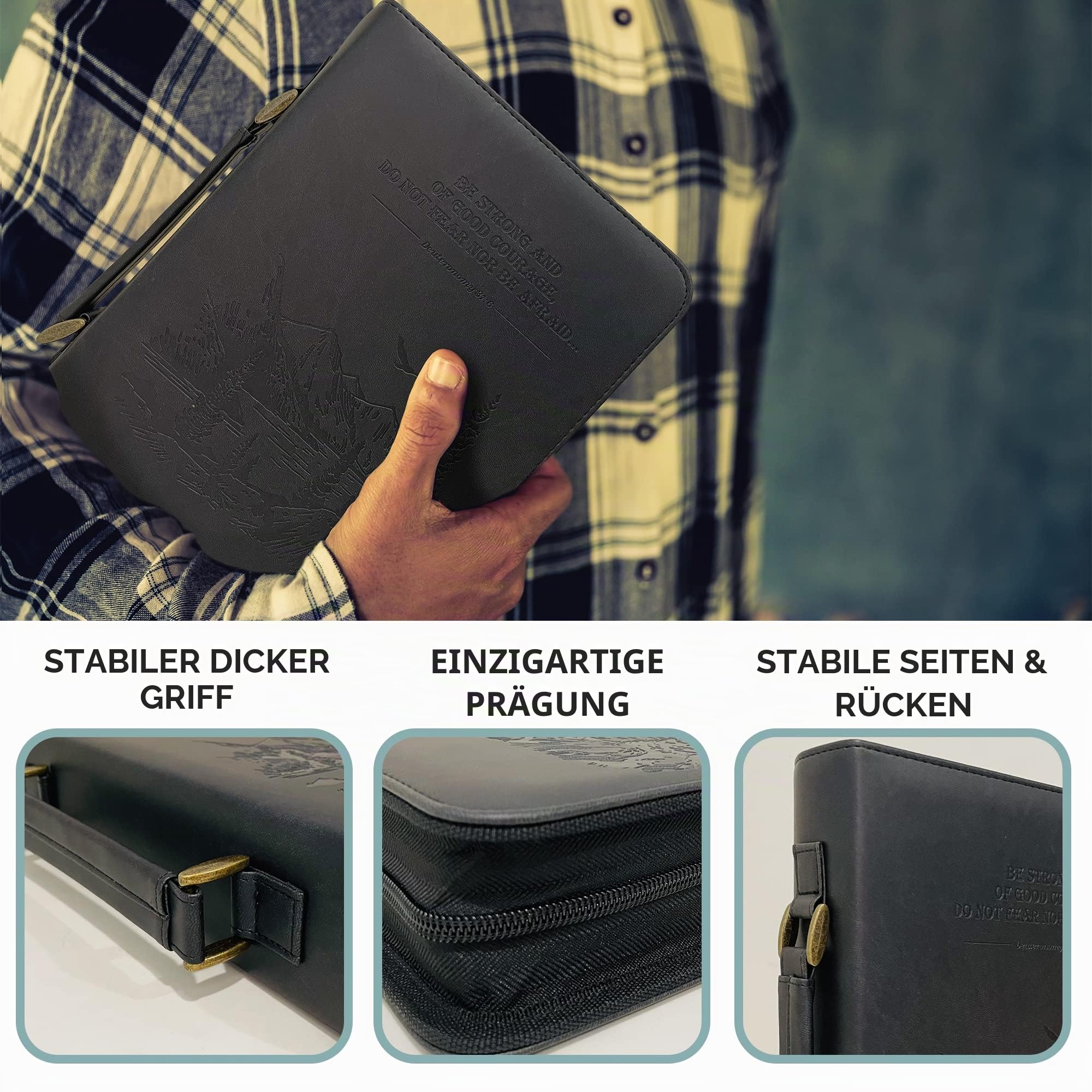 DEHITE Bibelhülle für Damen und Herren, Leder-Bibel-Tragetasche, groß, mittelgroß, passend für Bücher 17,8 x 25,7 x 4,8 cm, Stiftfächer, Reißverschlussfach, hochwertiges Kunstleder, schwarzes