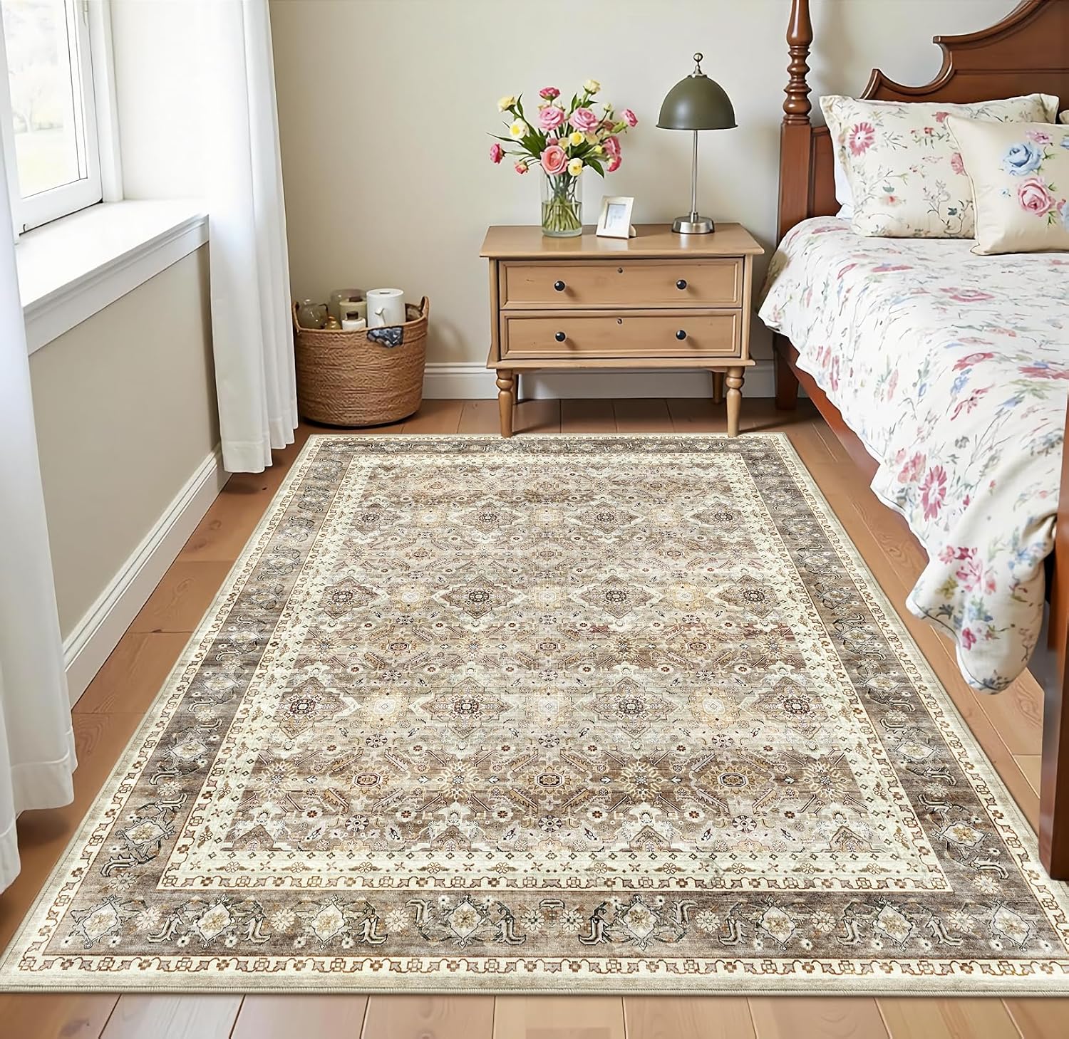 4' x 6' Washable Rugs Golden Brown Rugs for Bedroom Area Rug Non-Slip Stain Resistant Low Pile Soft Faux-Wool Thin Carpet for Living Room, Dining Room, Decor, Entryway Floral Boho Rug Design