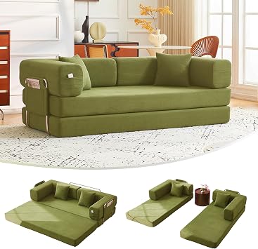 79" Convertible Sofa Bed with Pillows, Corduroy Folding Sleeper Sofa with Fixed-Shape Frame, Boneless Couch for Living Room Bedroom, Floor Sofa Lounge No Assembly Required A - Style - Olive Green