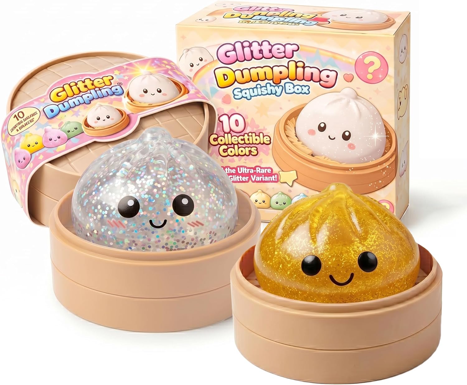 Glitter Dumpling, Glitter Dumpling Squishy Box, Squishy Bao Bun, Squeeze Dough Ball Stress Relief Hand Toys with Food Steamer (White+Gold, Transparent)