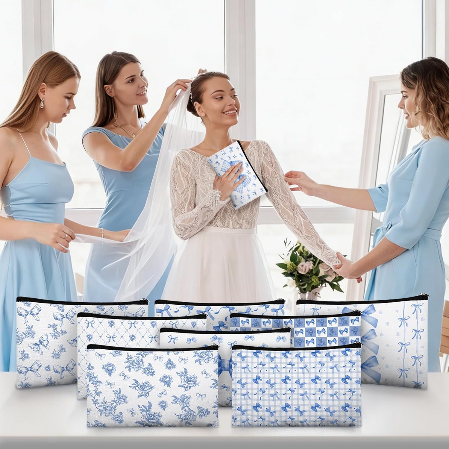 24 Pcs Bow Makeup Bags Bulk for Women Blue Coquette Aesthetic Preppy Cosmetic Bags Bow Floral Canvas Toiletry Bags Aesthetic Travel Zipper Pouches for Bridesmaids Wedding Party Favors Supplies - Image 7