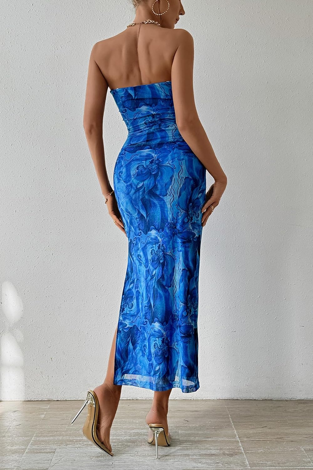 PRETTYGARDEN Women's Summer Wedding Guest Dress Strapless Tube Top Maxi Bodycon Long Floral Mesh Beach Vacation Party Dresses - Image 2