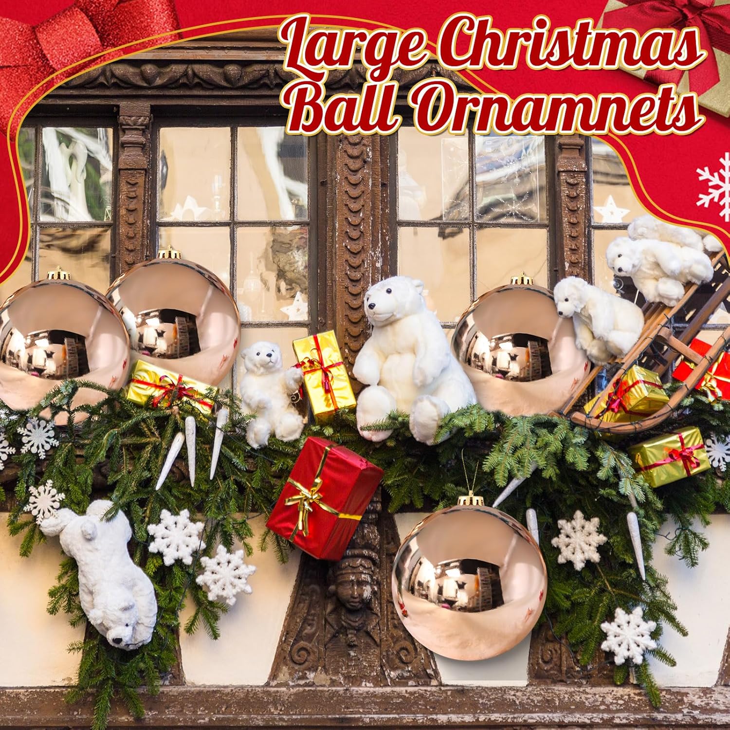 Zubebe 4 Pcs Extra Large Christmas Ball Ornaments 8'' (200 Mm) Giant Oversized Plastic Xmas Ball Big Hanging Christmas Tree Ornaments for Holiday Party Outdoor Decor(Champagne Golden)