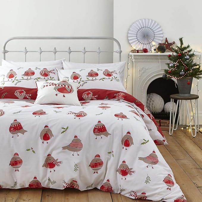 Catherine Lansfield Christmas Robins Reversible Double Duvet Cover Set