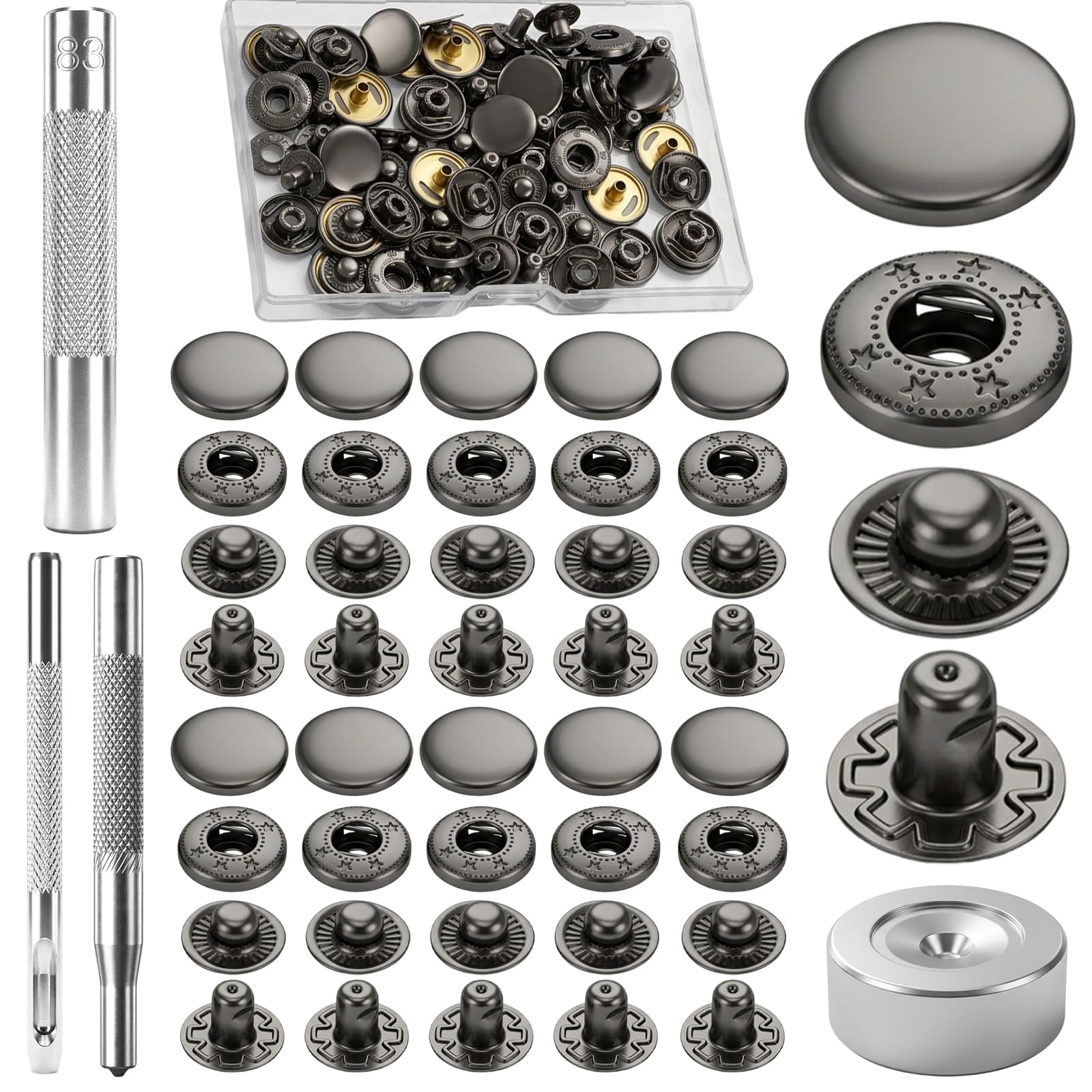 Leather Snaps and Fasteners Kit - 20 Set(80 Pcs) Metal Snap Buttons Kit, Snaps and Rivets with 4 Install Tools for Clothing, Jackets, Jeans, Caps, Bracelets, Bags(15, 14, 11mm)