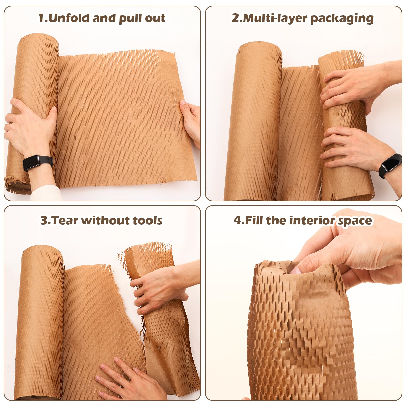 Rollo de papel de panal de abeja 38 cm x 70 m, Papel de embalaje marrón con 36 etiquetas adhesivas para artículos frágiles, alternativa al papel burbuja, para envolver regalos y artículos frágiles