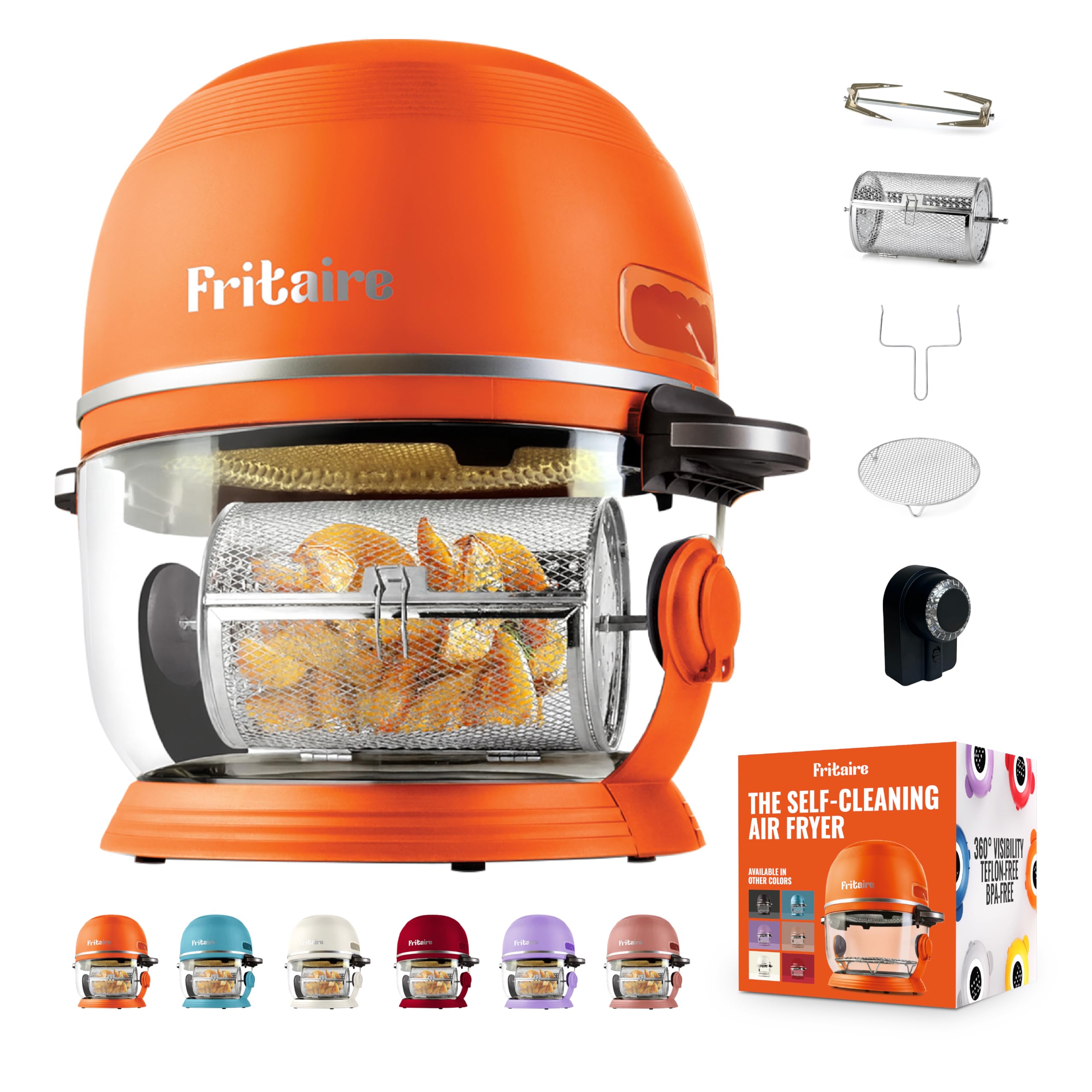 Non-Toxic Air Fryer - Glass AirFryer 5 Quart w/ 360 Visibility, Self-Cleaning, 400F Vortex Air Fryer for Even Cooking, BPA-Free Teflon Free, 6-in-1 Functions, Rotisserie, Roast, Bake - Orange