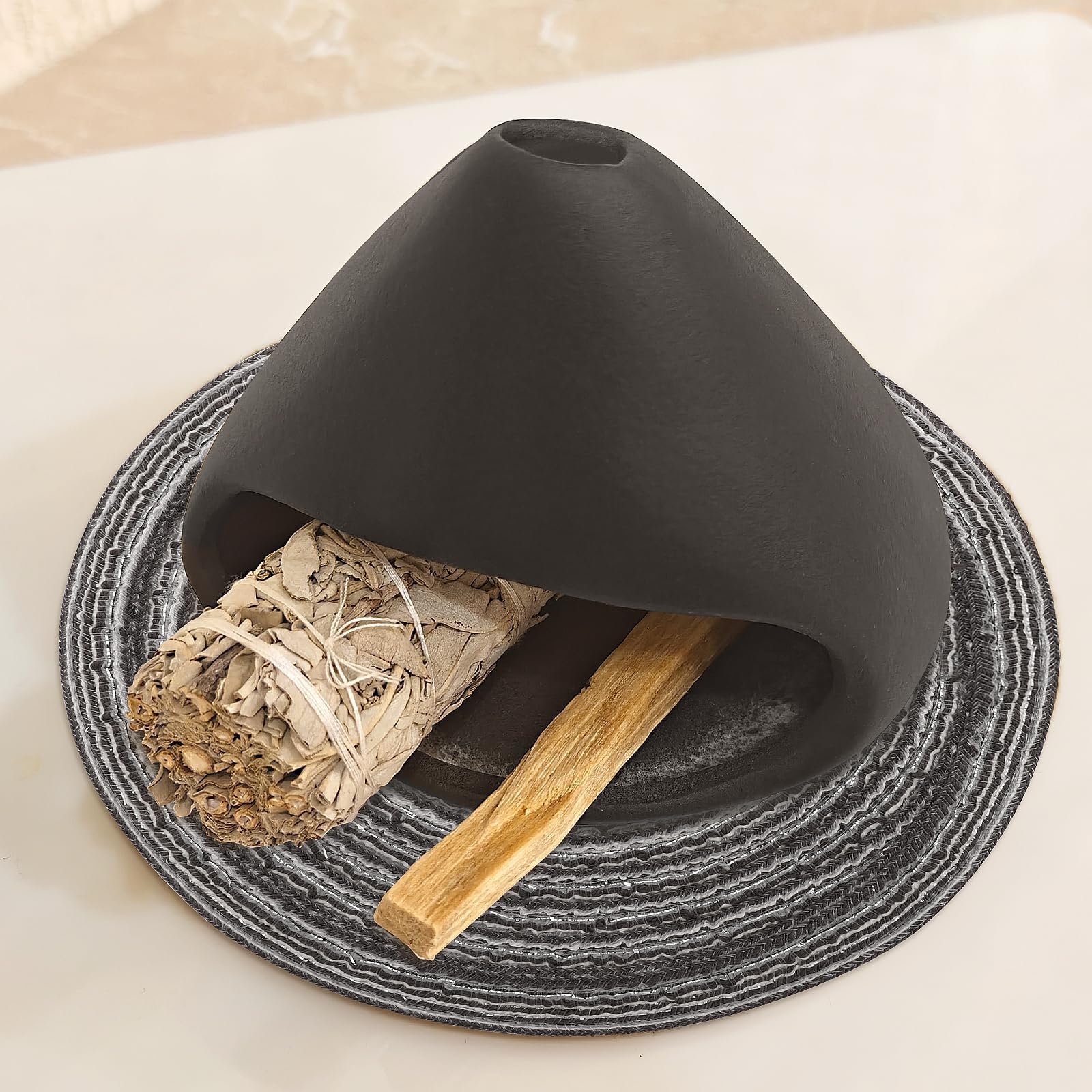 - Yawlsow Palo Santo Holder Burner, Charcoal Bakhoor Incense Burner,Smudge Bowl,Sage Holder,Ash Catcher for Meditation Zen Decor (Black+Mat)