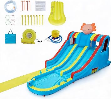 Inflatable Water Park with Dual Slides, Hexagonal Dragon Themed Bounce House for Kids, Heavy Duty Water Slide with Large Splash Pool, Climbing Wall and Water Cannon, Outdoor Backyard Summer