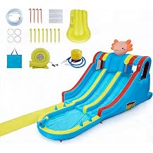 Inflatable Water Park with Dual Slides, Hexagonal Dragon Themed Bounce House for Kids, Heavy Duty Water Slide with Large Splash Pool, Climbing Wall and Water Cannon, Outdoor Backyard Summer