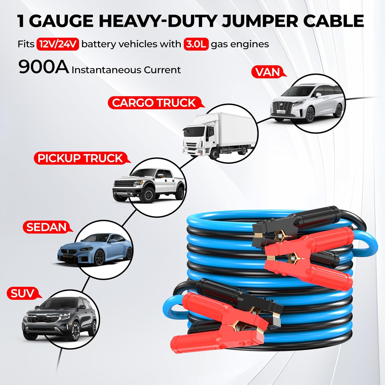 1 Gauge 25 Feet Jumper Cables Heavy Duty for Car, 900 Amp Automotive Booster Battery Jumper Cables for SUV and Trucks with Carry Bag, Gloves, Brushes