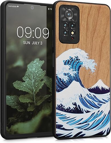 kwmobile Funda de madera compatible con Xiaomi Redmi Note 11 ProNote 11 Pro (5G)  Note 12 Pro (4G), funda - The Great Wave azulblancomarrón