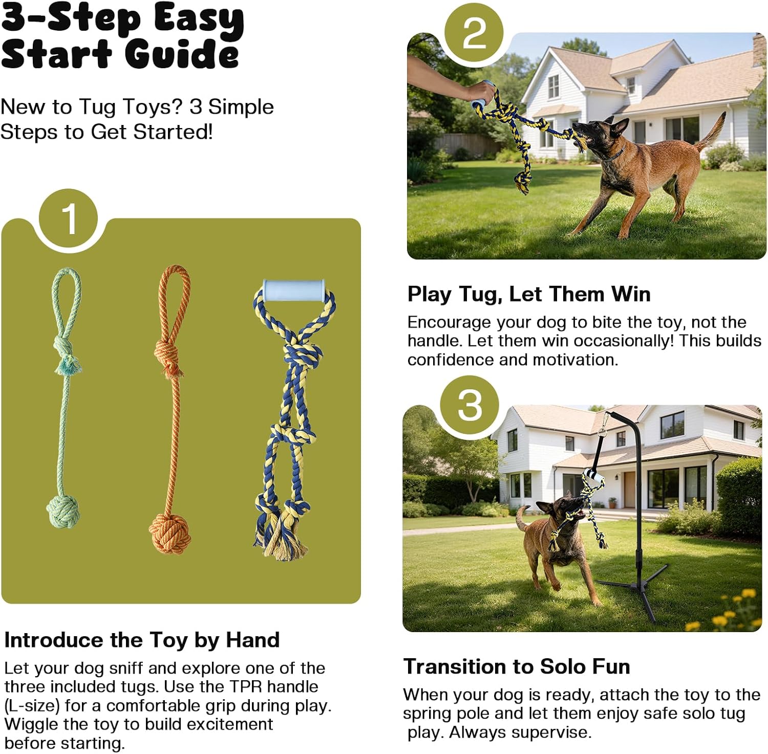 Adjustable Tug of War Dog Toy with 3 Tether Tug Toys, Outdoor Dog Spring Pole Rope Toy with Tripod Base & U-stakes, Hands-free Outdoor Dog Toys for Large Dogs, Interactive Dog Tetherball for Yard