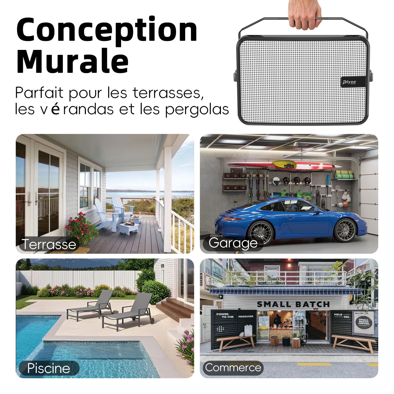 600W Enceinte Bluetooth Extérieure, Synchronisation sans Fil Entre Enceintes, Basses Puissantes, Montage Mural pour Terrasse, Véranda, Pergola, Garage, Lot De 2, Blanc (MZ-658)