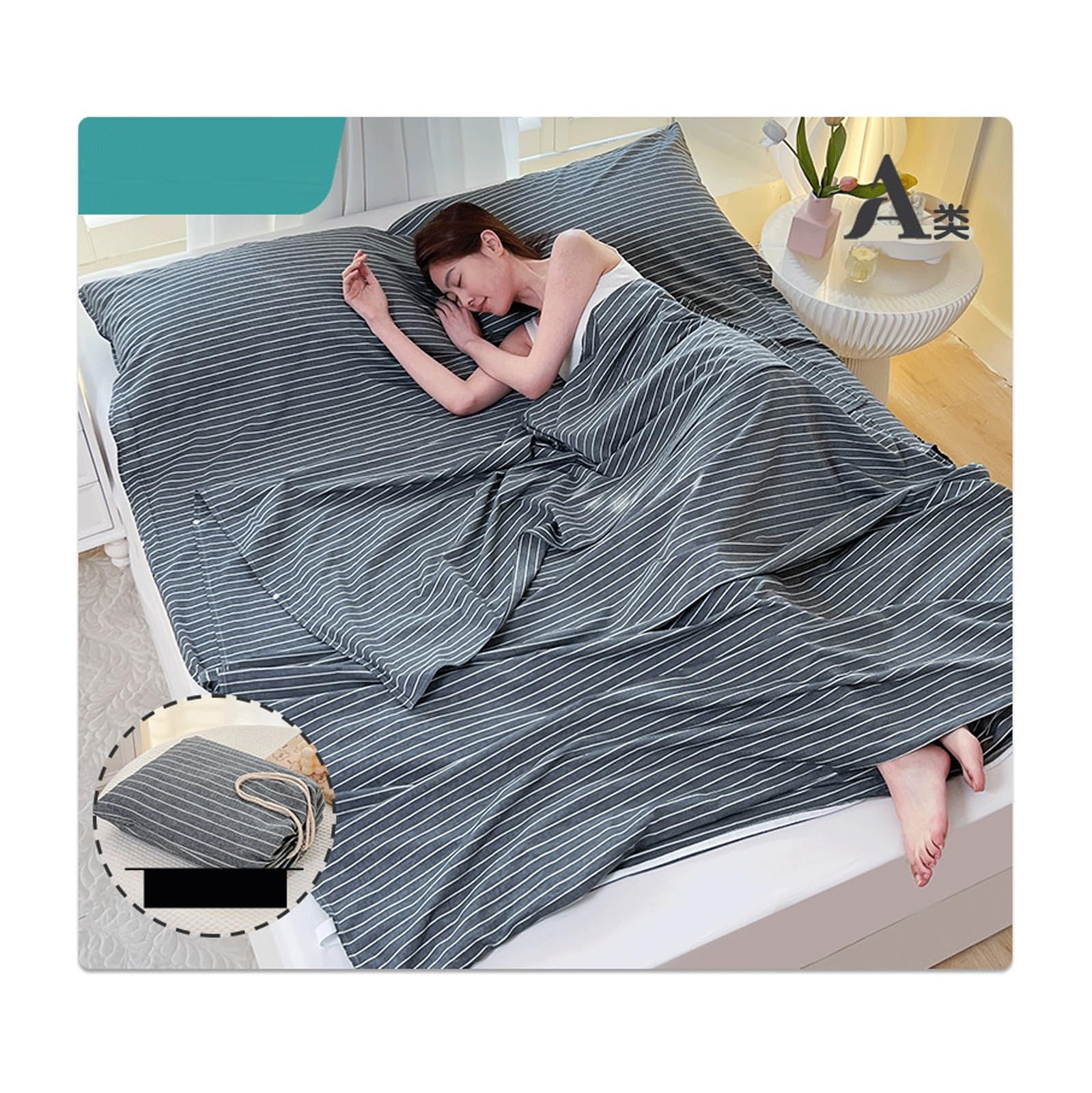 RUZGAR Sacco Lenzuolo Sacco a Pelo Capanna 100% Cotone Lavato Morbido e Confortevole Singolo Matrimoniale Lenzuola a Sacco da Viaggio Campeggio Sacco Letto(Blue E,80x210cm-31x82)