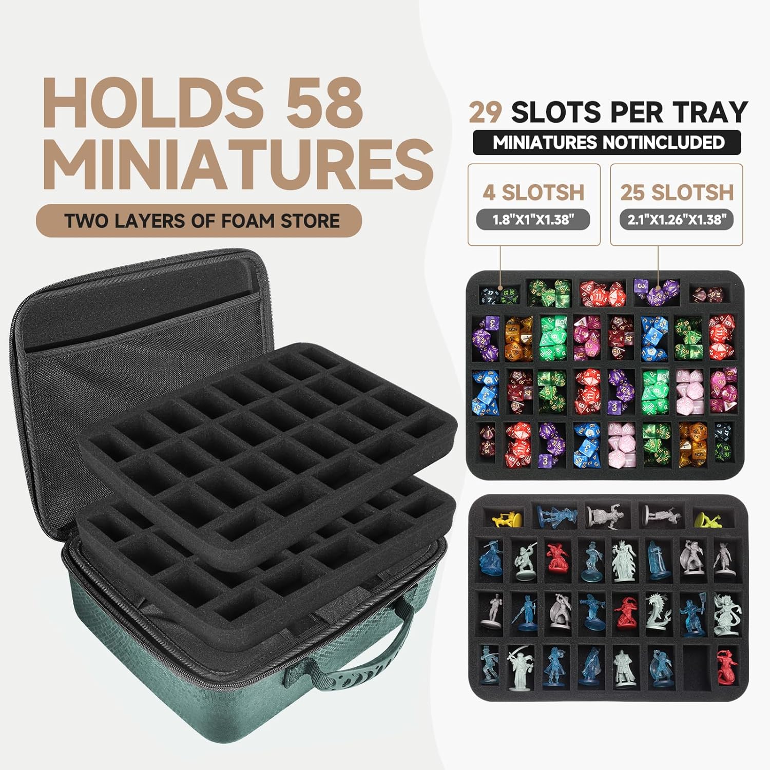 Dice Tray Case for DND Dice Set, Miniature carrying case Compatible with Dungeons and Dragons Miniatures, Minature Figurine Storage Case for RPG for MTG Tabletop Game Collections (Green)