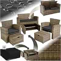 Salottino Da Giardino TecTake In Rattan - Divano, 2 Poltrone, Tavolino E Cuscini, Colore Naturale - Foto 8