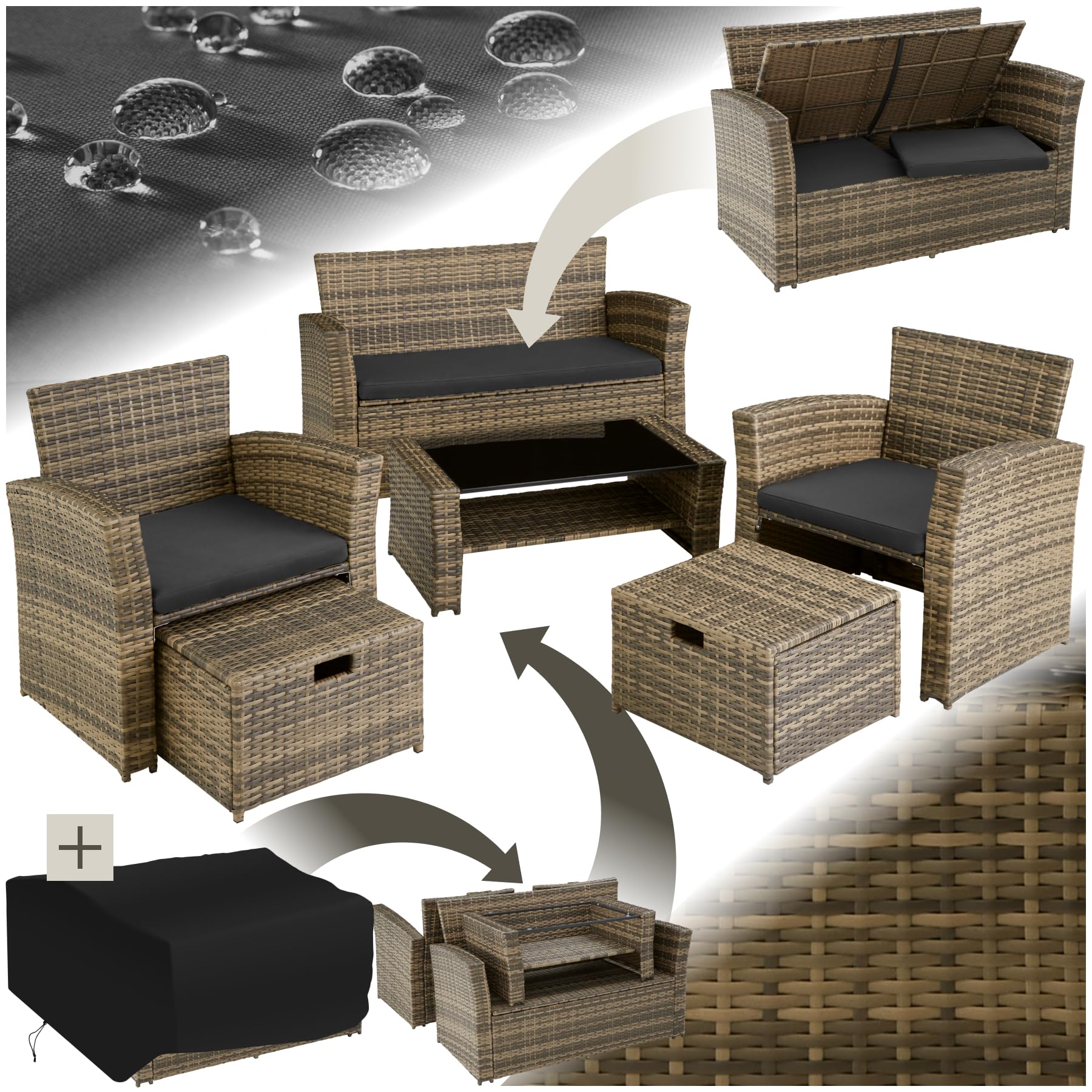 TecTake® Conjunto Jardín Exterior de Ratán y Acero, Diseño Arqueado, Muebles Jardín Exterior Resistente a la Intemperie, 2 Sillones, 2 Taburetes, 1 Mesa con Cristal, con Cojines y Funda - Natural