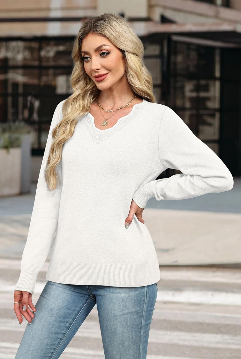 OFEEFAN Womens V Neck Sweaters Pullover Cozy Lightweight Sweaters Long Sleeve Tops Winter Clothing 2026 - Image 4