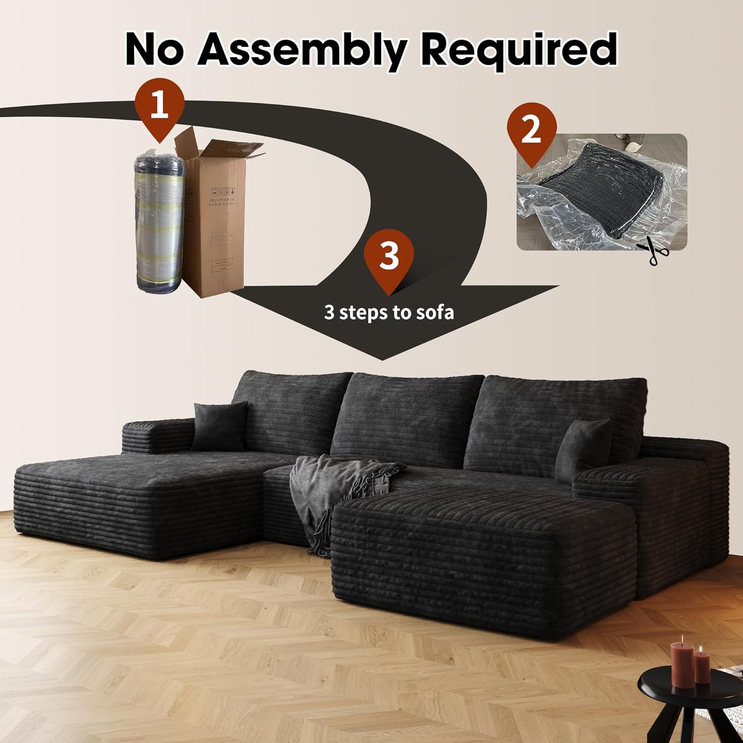 108" W Corduroy Sectional Boneless Cloud Couch with Chaise & Ottoman, No Assembly Required, U Shaped Modular Sectional Sofa, Cozy Fluffy Sofa for Living Room (Black, Left Facing Chaise+Ottoman) | Luxurious