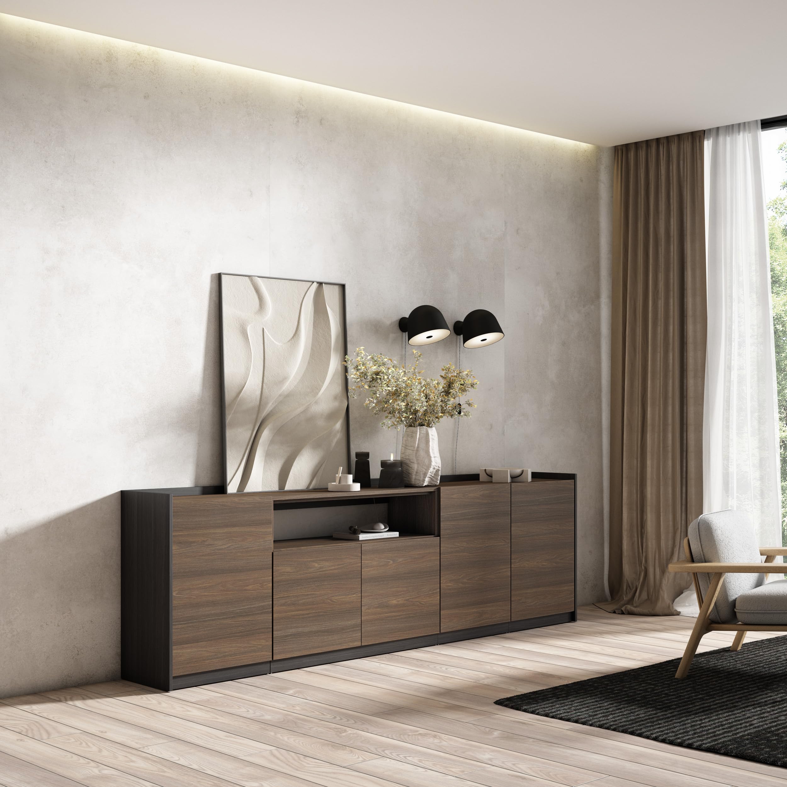 Skraut Home | Buffet Salon et Cuisine | Meuble de Rangement, Commode | 260x80x37 cm | 5 Portes | Meuble Chaussure | Style Moderne | Chêne foncé et Noir