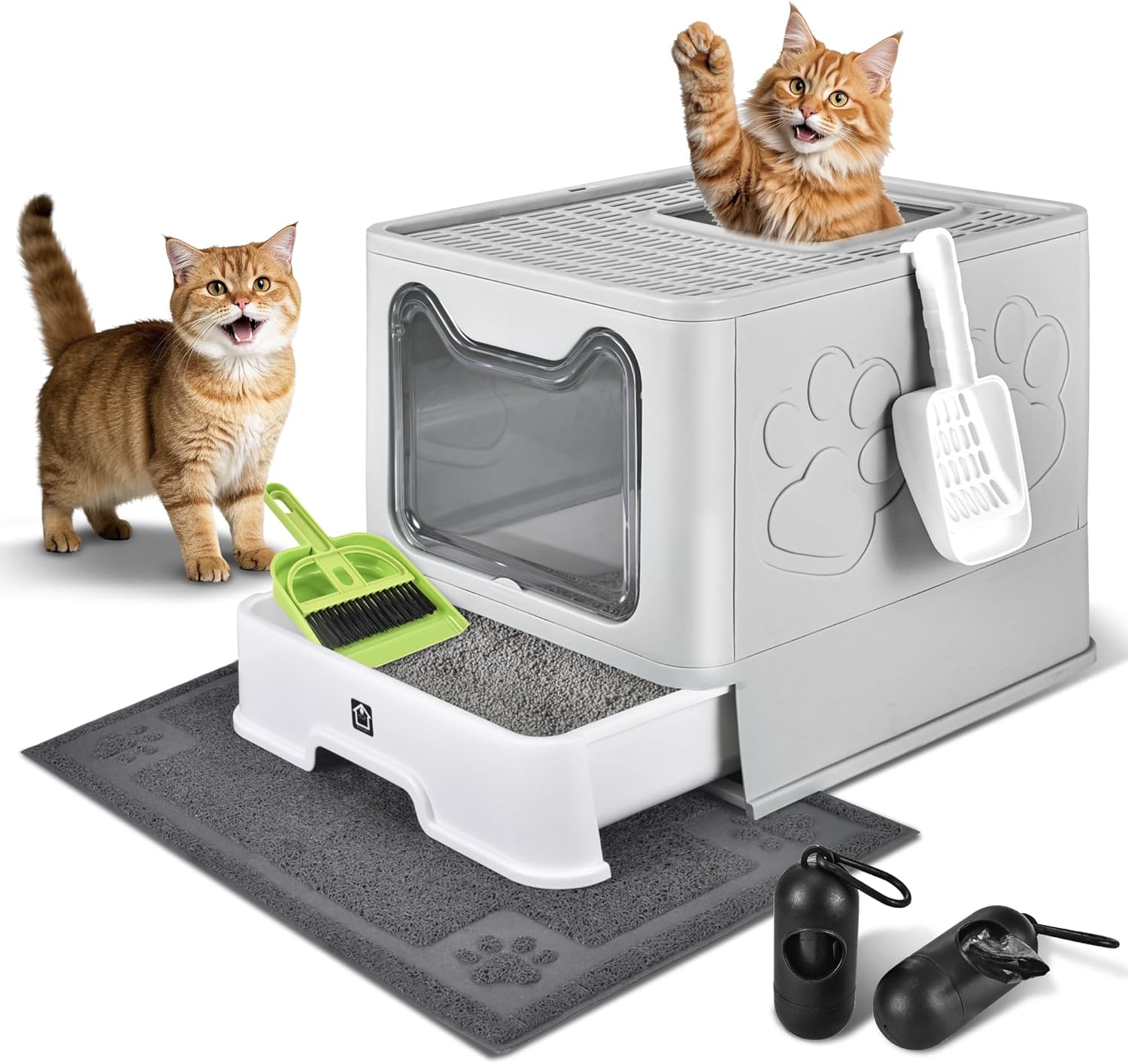 Enclosed Cat Litter Box with Lid Foldable Potty,Drawer Type Extra Large Cover Litter Box with Mat, Kitty Free in and Out/One-Way,Odor Control Anti-Splashing Easy Cleaning (Pale Grey)