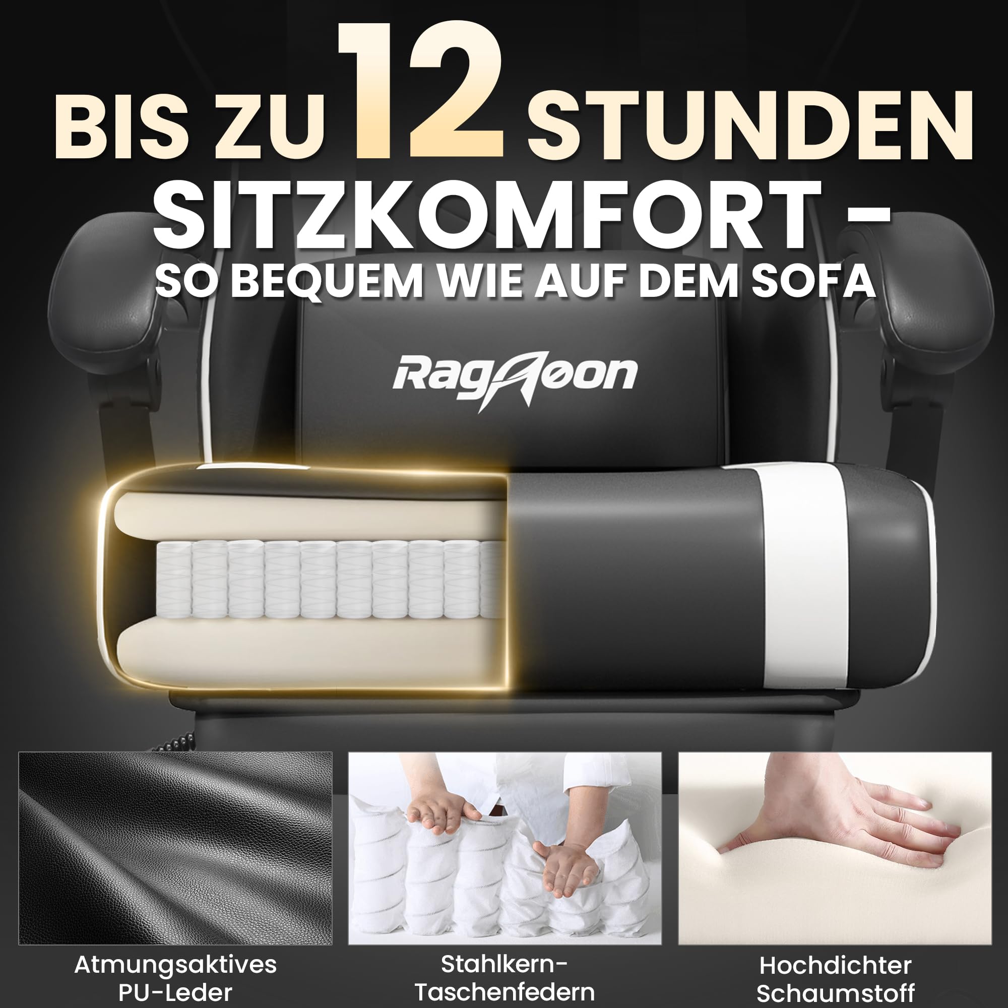 Gaming Stuhl Chair Gamer Sessel - Ergonomischer Gamer Stuhl mit Fußstütze Kopfstütze und Lordosenstütz Höhenverstellbar Gepolstert Gamingstuhl 200 Kg Schwarz