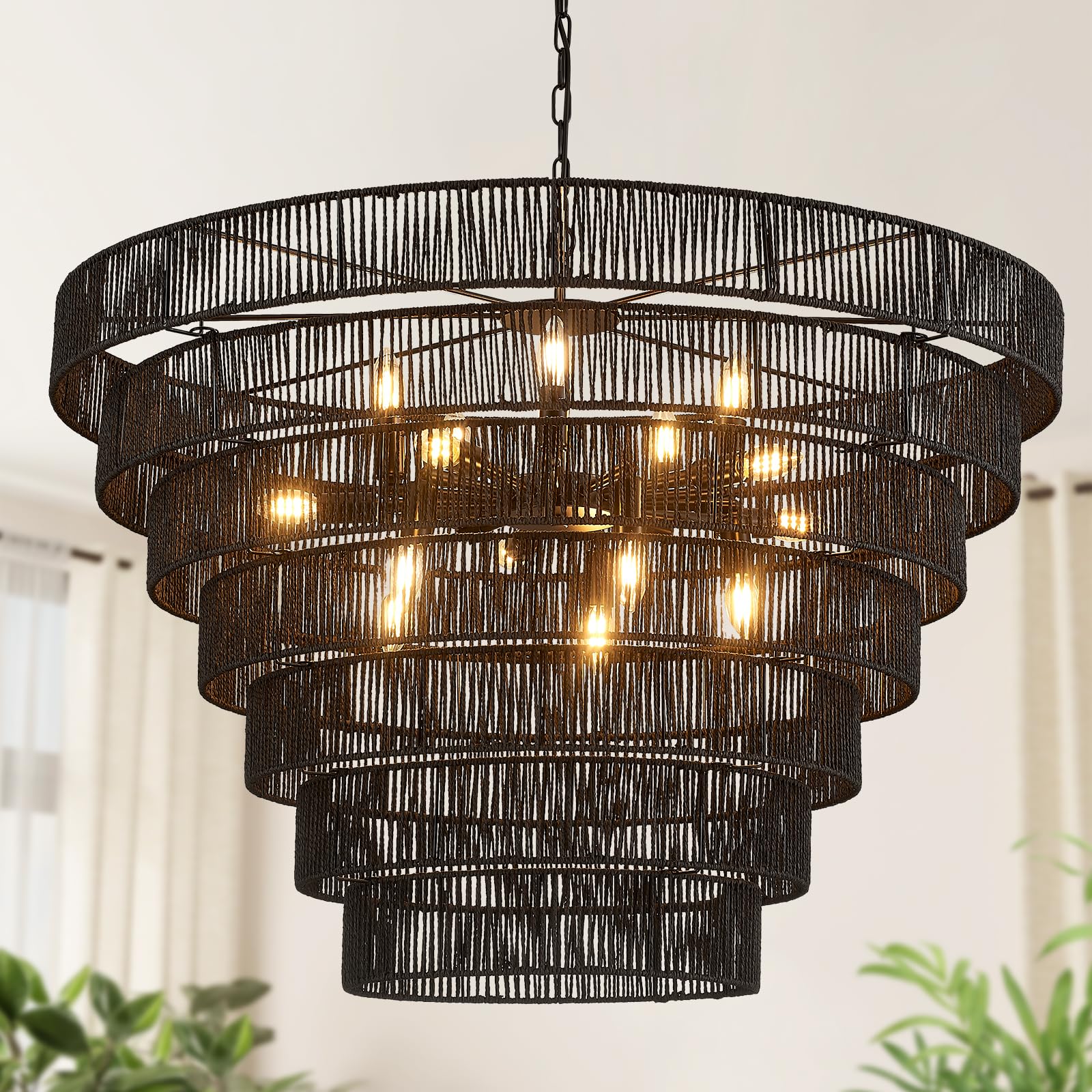 Photo 1 of YOMECOO 39.4" Large Black Rattan 15-Light Chandelier