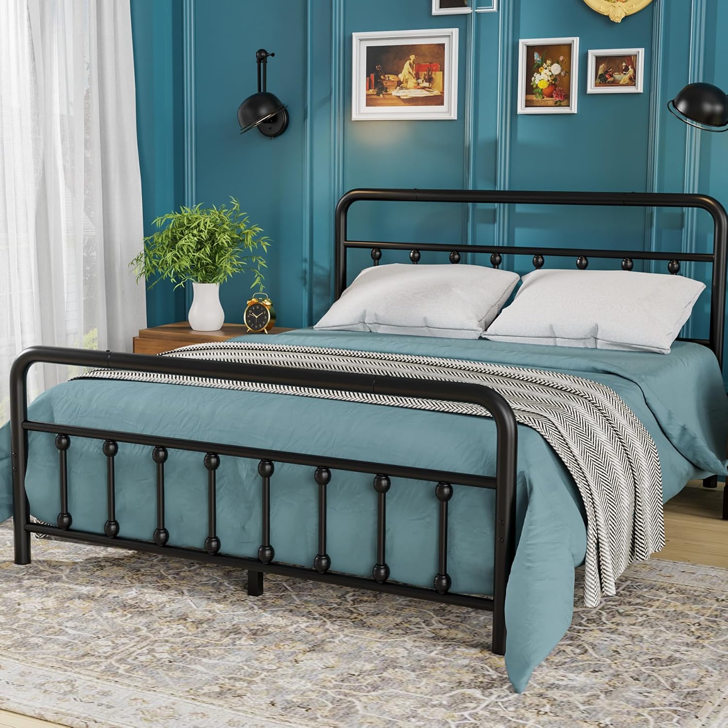 Flolinda Classic Queen Size Metal Platform Bed Frame Mattress Foundation with Victorian Style, Heavy Duty Steel Slat Supported Queen Bed Frame, 13.8” Under Bed Storage, No Box Spring Required, Black