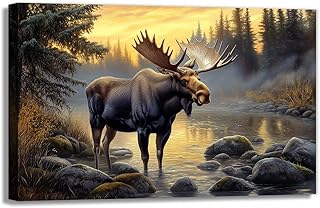 OAAPITI Moose Canvas Wall Art Vintage Wildlife Pictures Art Print Wilderness Forest Landscape Painting Modern Artwork For Bedroom Living Room Home Office Decor Frame(Artwork-2,12"x18")