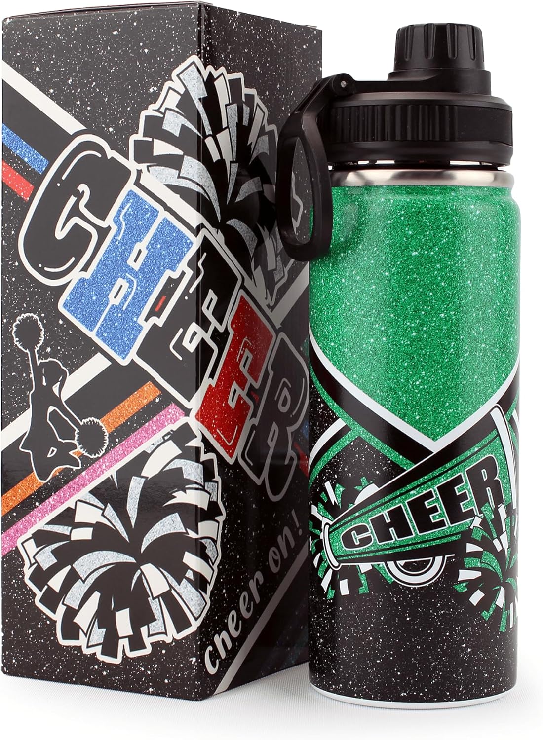 Cheer Water Bottle for Girls 18 oz, Insulated Stainless Steel Sports Bottle with Spout Lid, Cheerleader Gift Bulk for Team, Squad Gifts (Green)