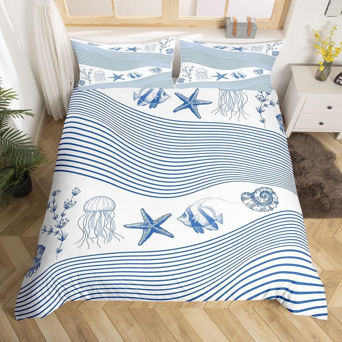 Homemissing Double Decoration Theme Ocean Duvet Cover Jellyfish Sea Star Biology Ocean Stripe Bedding Set Blue and White Duvet Cover Bedroom Decoration