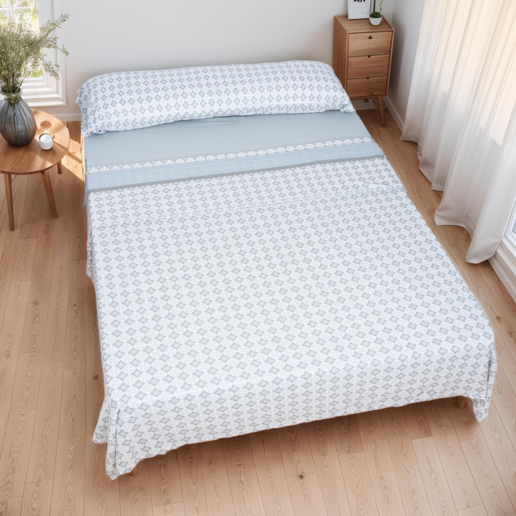 Etrexonline Juego de Sábanas Térmicas Pirineo 3 Piezas para Cama de 90 – Sábanas de Invierno Tejido Polar, Incluye Sábana Bajera Ajustable, Encimera y Funda de Almohada - Floral Gris