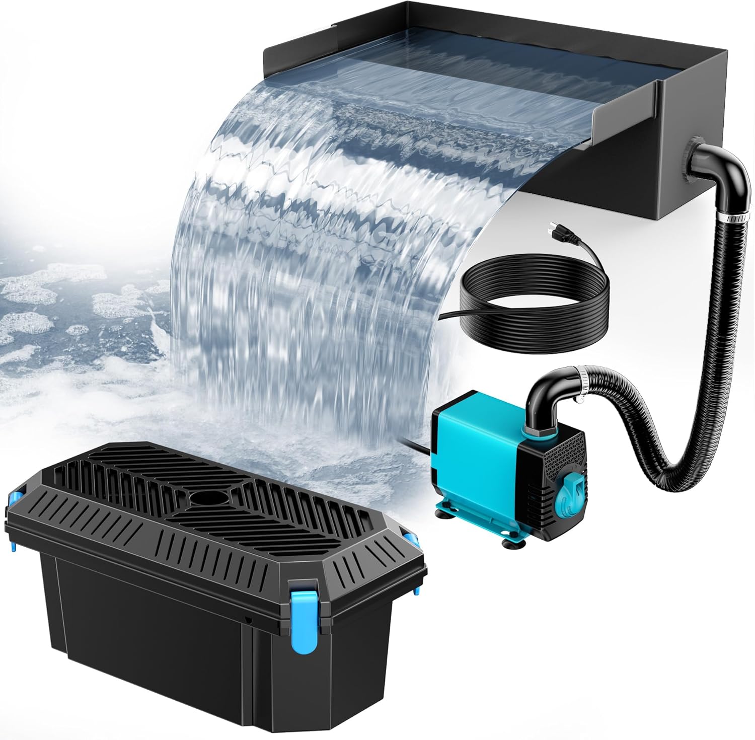 POPOSOAP Pond Waterfall Box with Pond Filter Kit Built-in 40W 660GPH Pump, 304 Stainless Steel Pond Spillway, Pond Spillway with 9.8FT Corrugated Tubing for Garden Waterfall