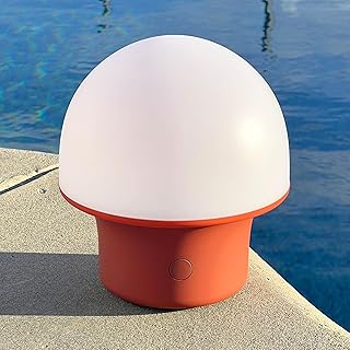 Brightech Portobello Cordless LED Touch Table Lamp - Small Dimmable Outdoor Mushroom Light for Camping & Side Tables - Modern Rechargeable Portable Bedside Light for Desk Bedroom, Nightstand - Red