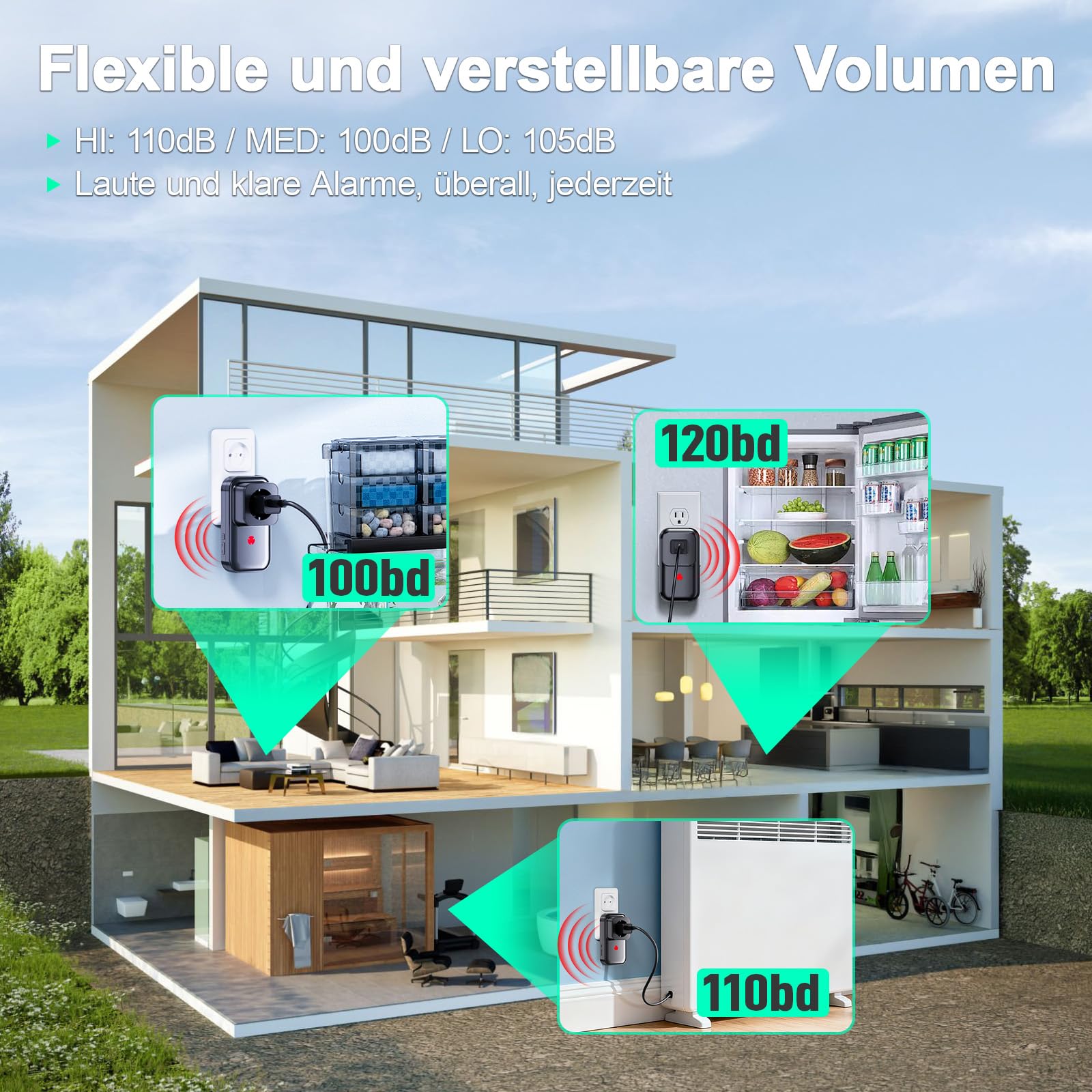 Stromausfallmelder WLAN Stromausfallalarm melder mit LED Anzeige, 0-110db Stromausfallmelder bei Stromausfall für Kühlschränke, Gefriertruhen, Aquarien Wireless Doorbell (Schwarz-1 Packung)