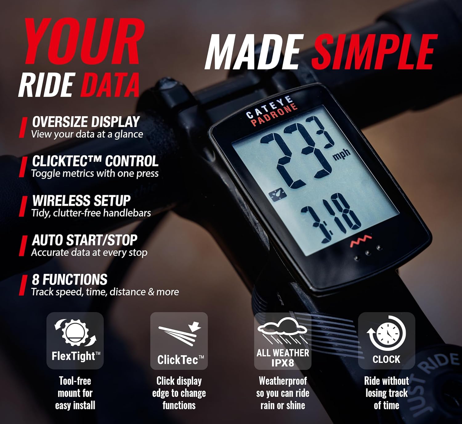 CATEYE Padrone Wireless Bike Computer – Oversized Display Cyclocomputer, Wireless Speedometer & Odometer, FlexTight™ Mount, Auto Start/Stop, Programmable Odometer