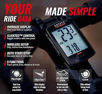 CATEYE Padrone Wireless Bike Computer Oversized Display Cyclocomputer, Wireless Speedometer & Odometer, FlexTightTM Mount, Auto Start/Stop, Programmable Odometer