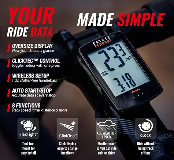 CATEYE Padrone Wireless Bike Computer Oversized Display Cyclocomputer, Wireless Speedometer & Odometer, FlexTightTM Mount, Auto Start/Stop, Programmable Odometer