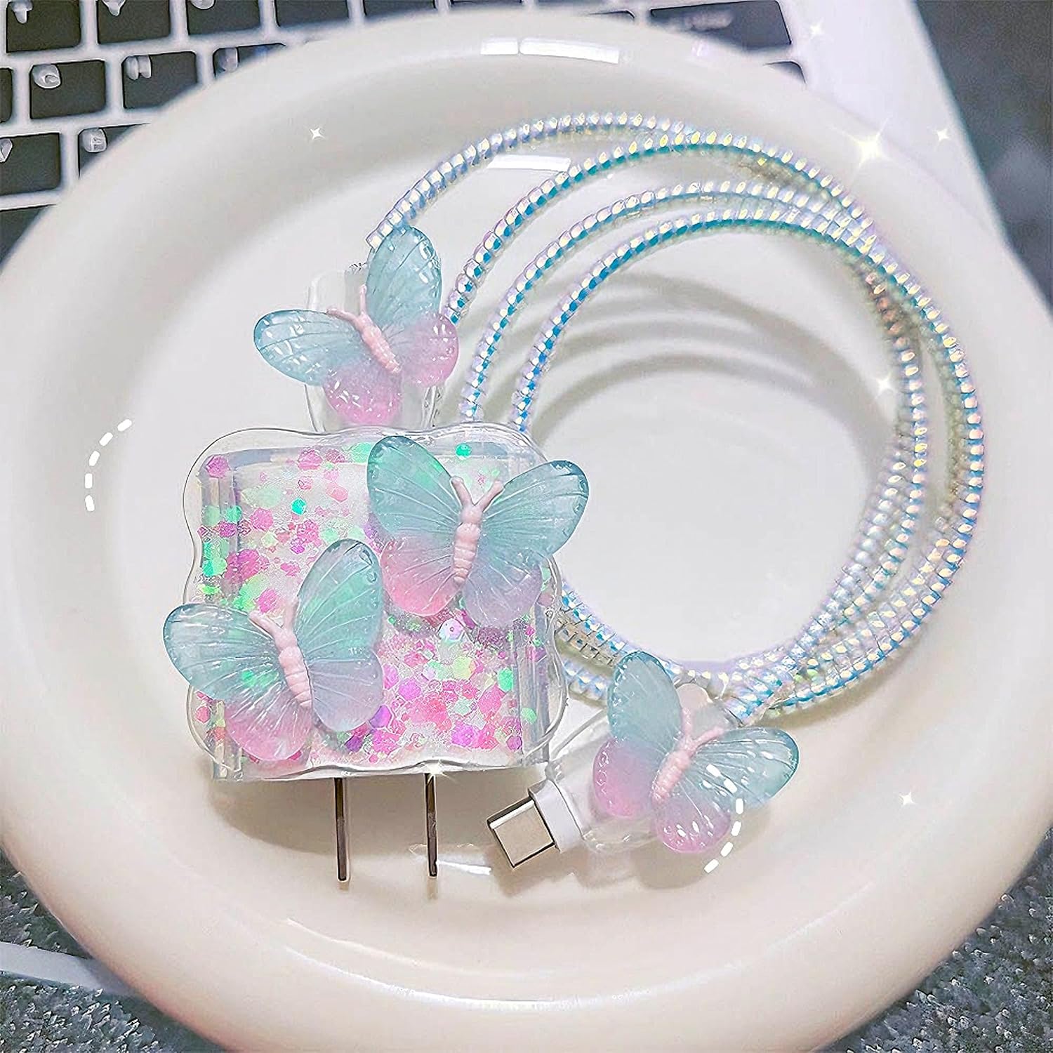 Cute Cable Protector for iPhone 18W/20W Charger Cover,3D Colorful Butterfly Design Data Line Cable USB Wire Saver Charger Protector for Women Girl,Soft Charging Cord Protector for 14 15 1617 Pro Max image 2